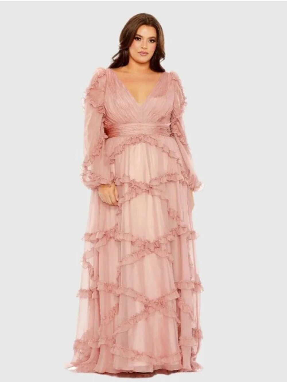 Mac Duggal Style#68425 Size 14W V Neck Ruffle Tiered Puff Sleeve Gown